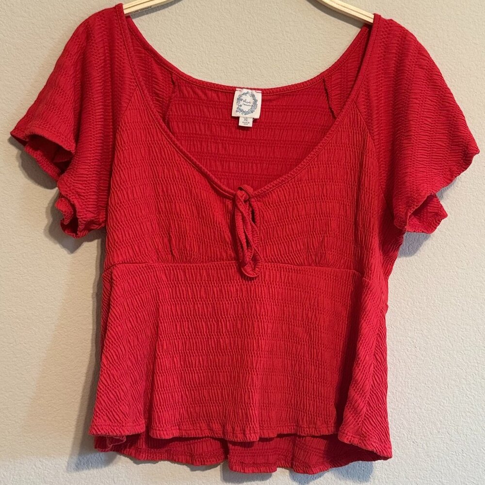 Red Tie Front Crinkle Knit Top